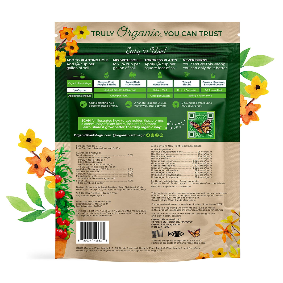 Organic Plant Magic long-lasting plant food for continuous garden nourishment.