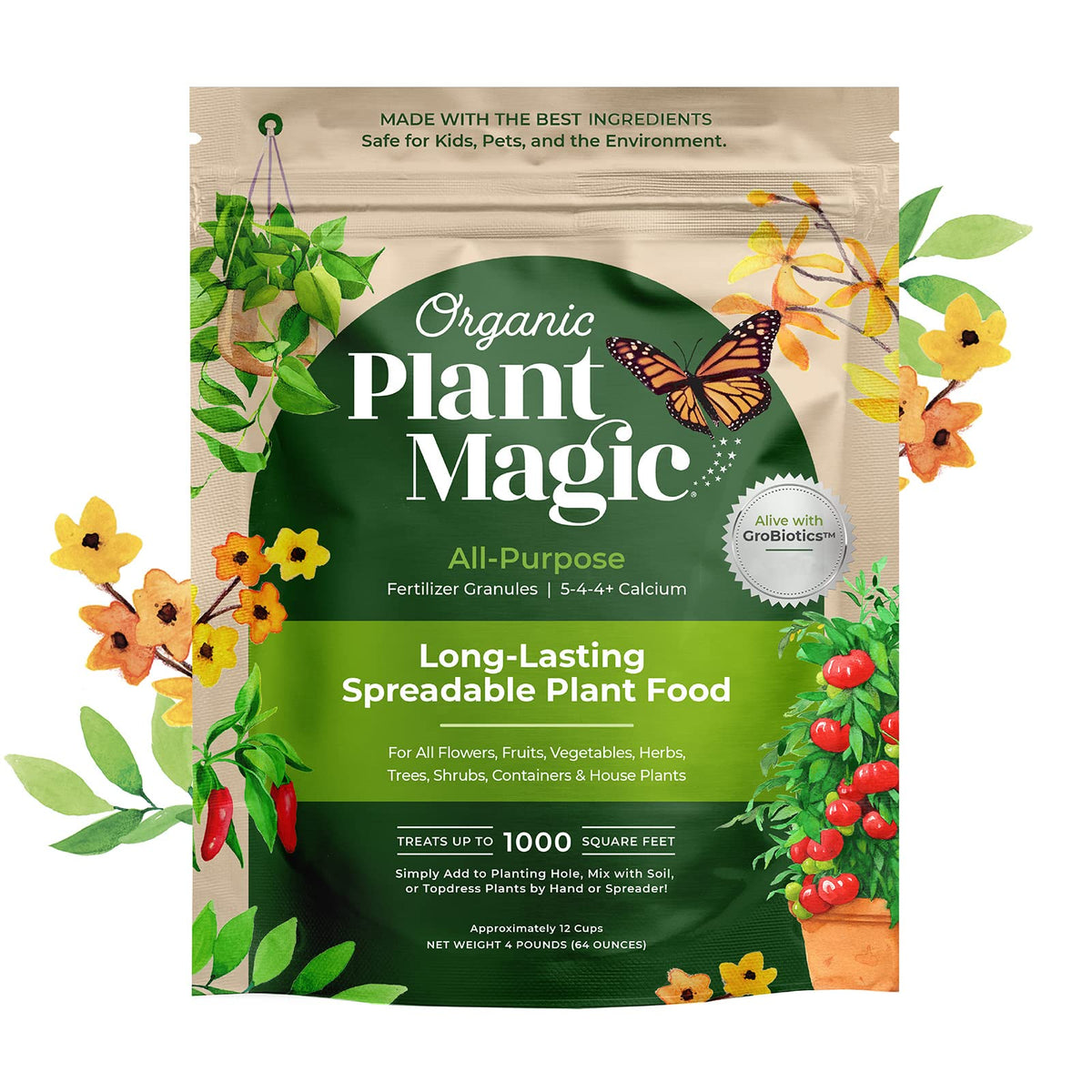 Organic Plant Magic spreadable granules ready for soil application and steady nutrition.