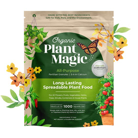 Organic Plant Magic spreadable granules ready for soil application and steady nutrition.