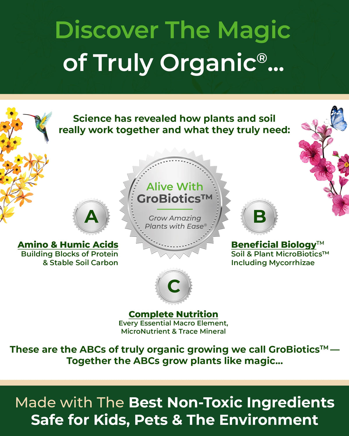 Organic Plant Magic healthy leaves and vibrant flowers with balanced nutrition.