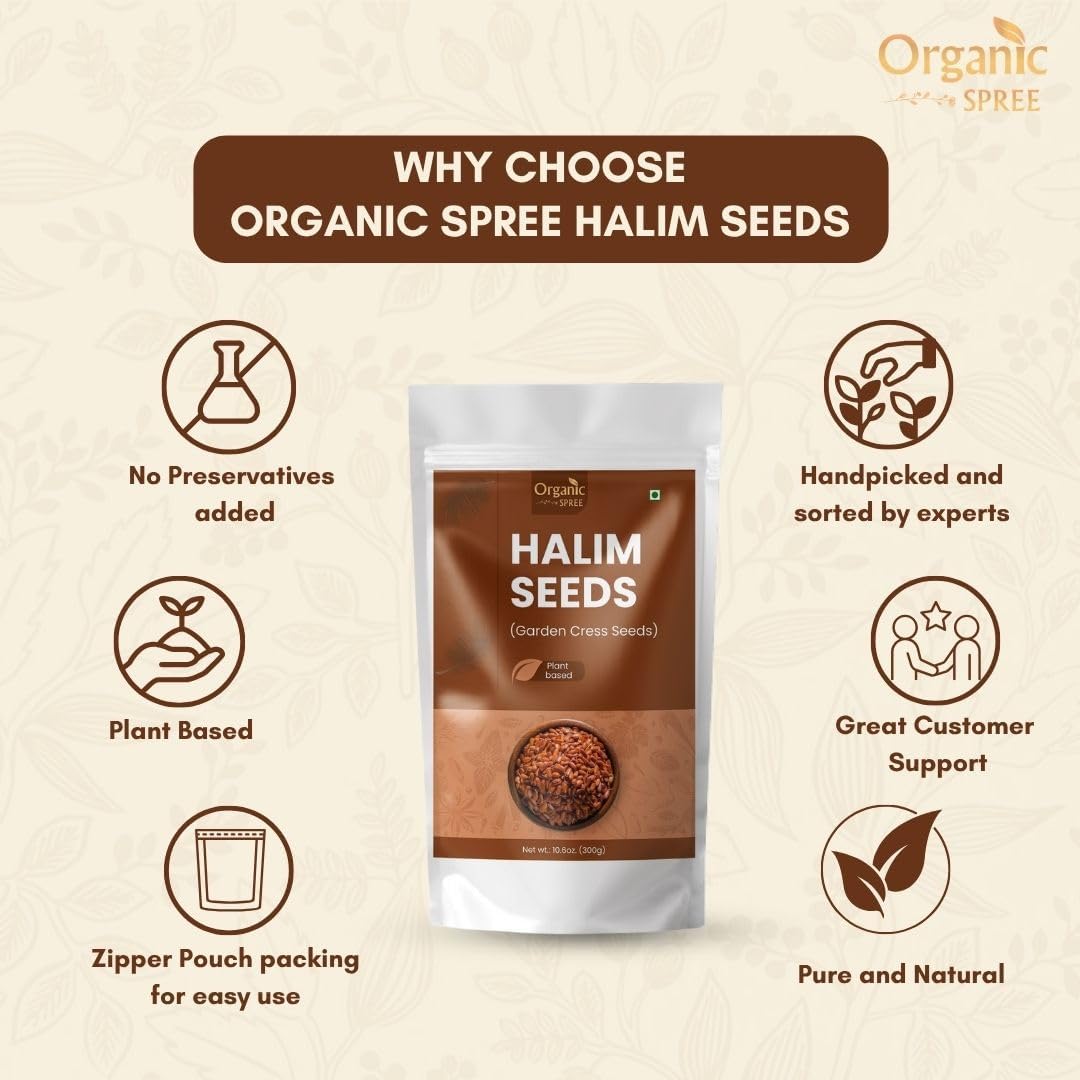 Nutrition panel of Organic Spree Halim Seeds highlighting iron and protein.