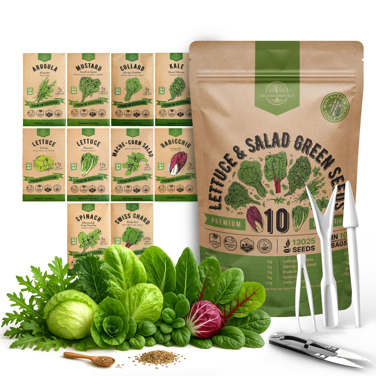 Organo Republic seed-pack image illustrating a versatile indoor-outdoor lettuce planting kit for fresh salads.