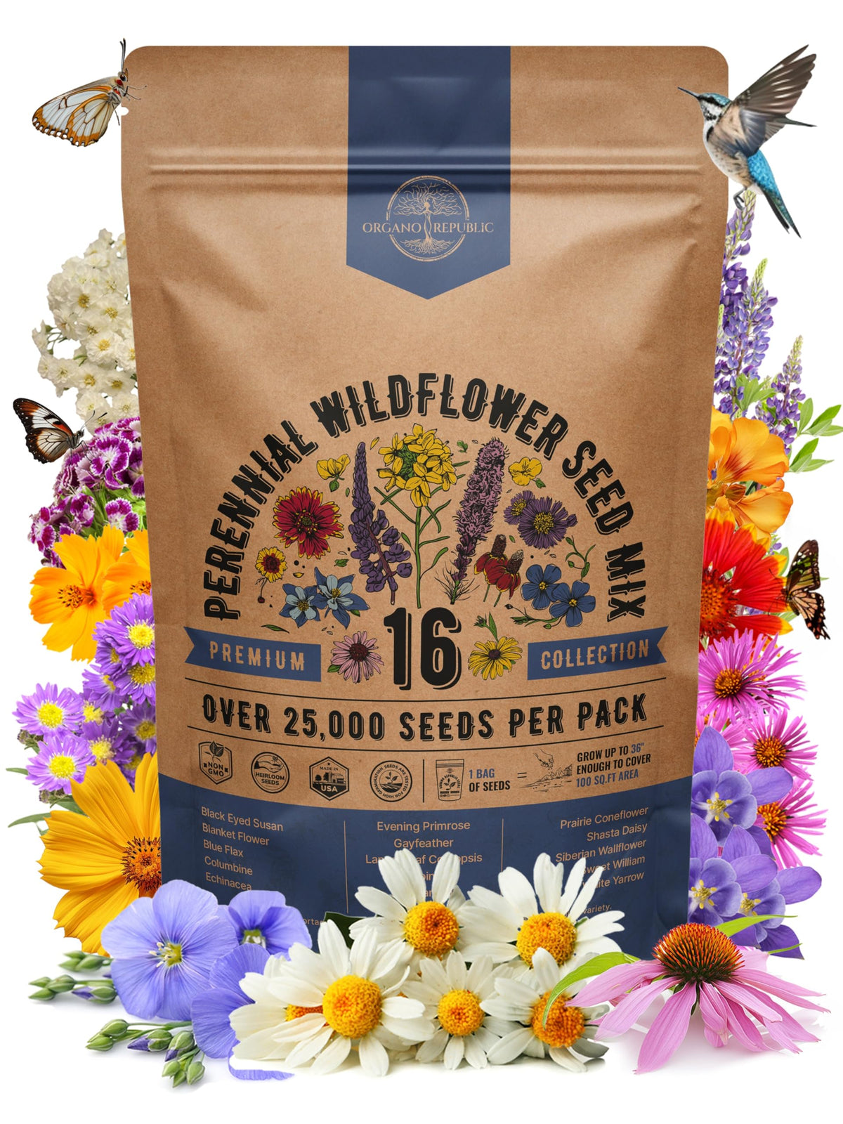 Organo Republic 16-perennial wildflower seed pack for indoor or outdoor planting, attracting pollinators.