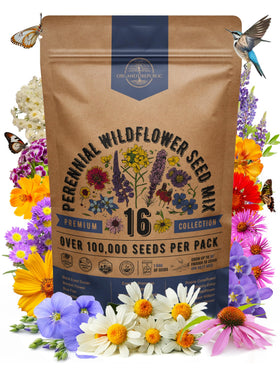 Organo Republic 16 Perennial Wildflower Seeds Mix packet ready for indoor or outdoor planting to attract pollinators.