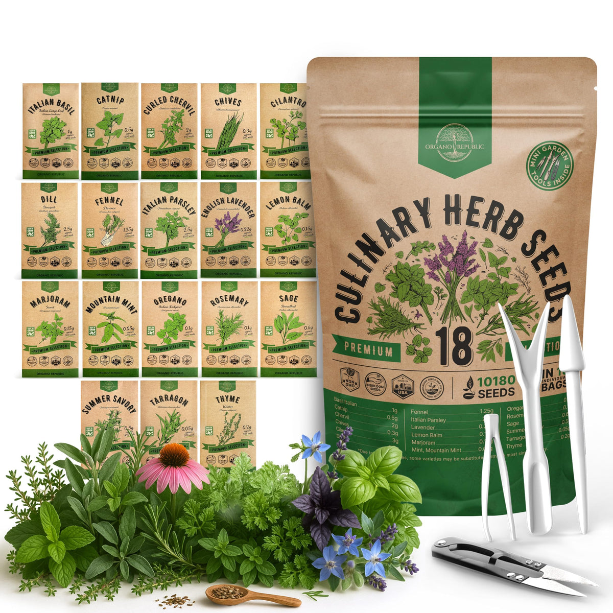 Organo Republic 18 herbs seeds basil — fresh homegrown leaves for sauces and garnish at home