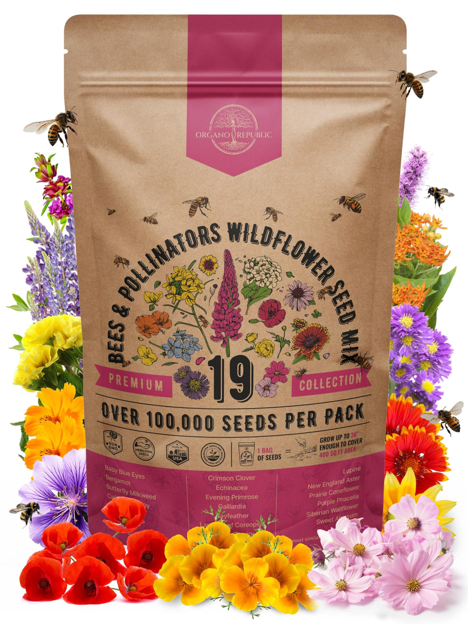 Organo Republic 19 wildflower seed mix packaging for storage and reference.