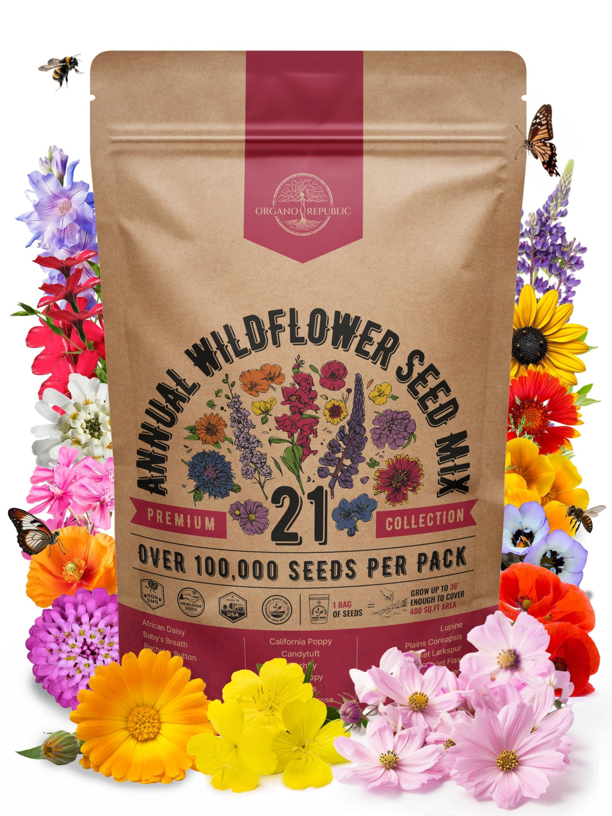 Organo Republic 21-annual wildflower seeds mix packet ready for planting to attract pollinators.