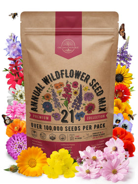 Organo Republic 21-annual wildflower seeds mix packet ready for planting to attract pollinators.
