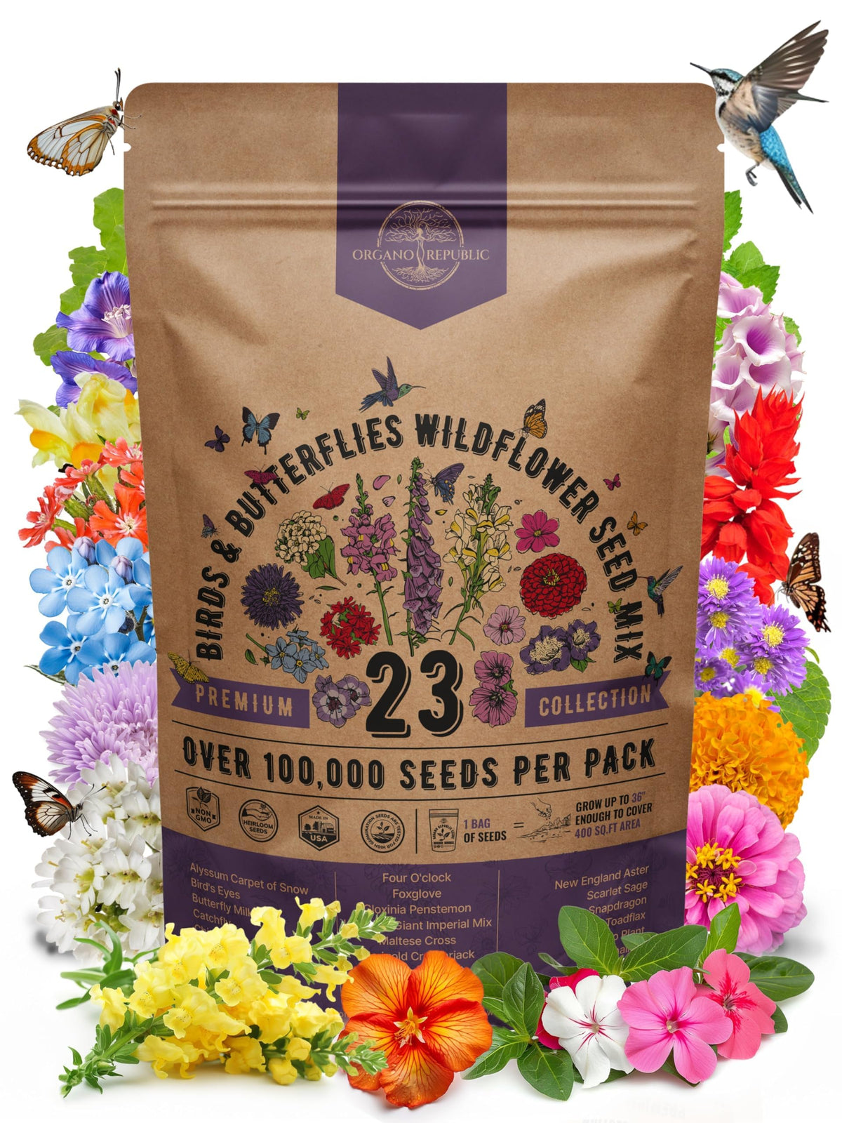 Organo Republic 23 Wildflower Seeds mix indoors-outdoors adds colorful blooms for indoor and outdoor spaces
