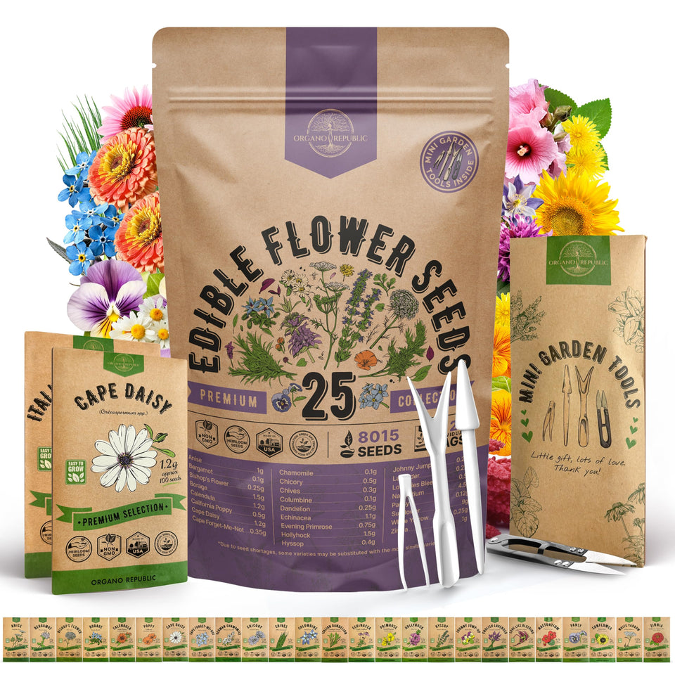 Organo Republic 25-edible-flower-seeds-pack close-up with QR code for easy indoor growing