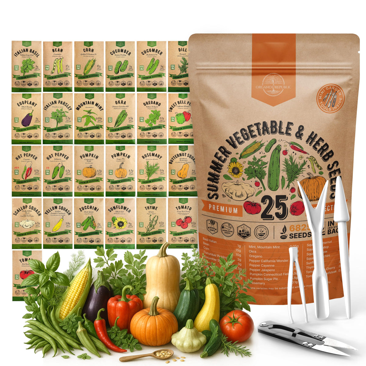 Organo Republic 25 summer seeds pack image showing diverse heirloom varieties for home gardens