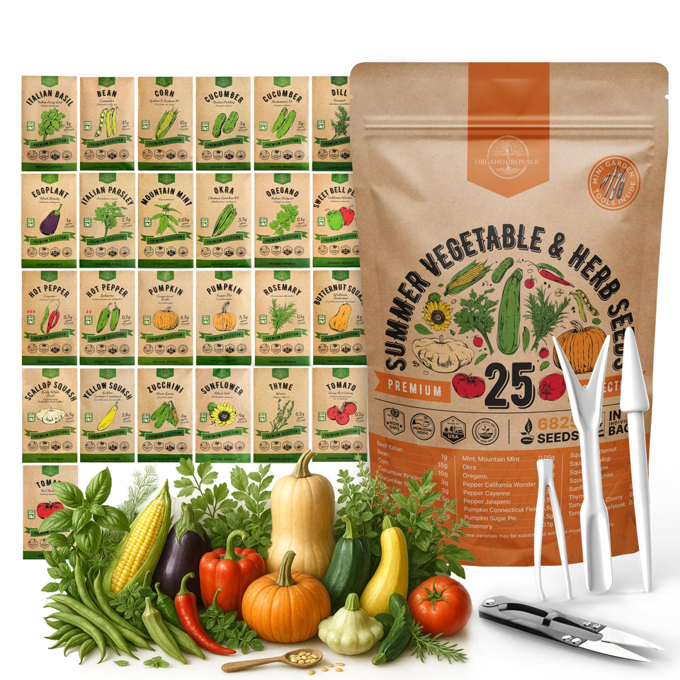 Organo Republic 25 summer seeds pack image showing diverse heirloom varieties for home gardens