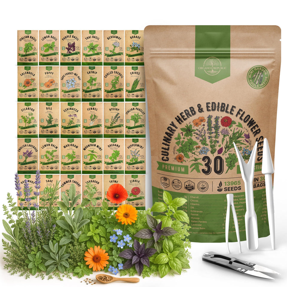 Organo Republic 30 herb seed pack cover for indoor or outdoor gardening.