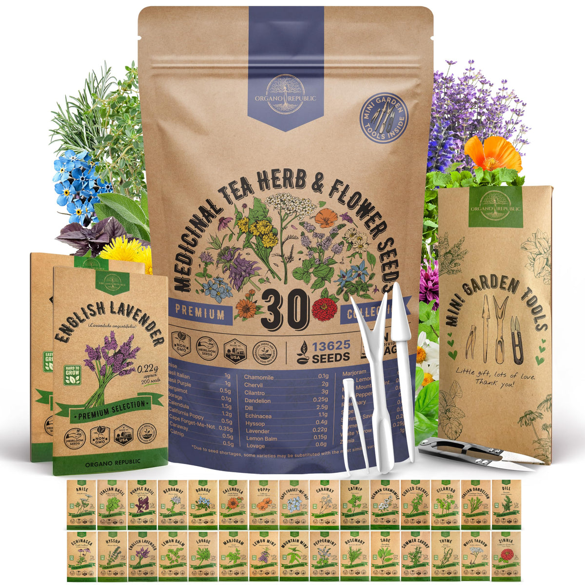 Organo Republic 30 Medicinal Tea Seed Pack cover with diverse herbs.