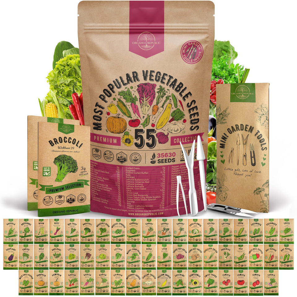 Organo Republic 55-vegetable-seeds-pack cover displaying heirloom varieties for home gardens