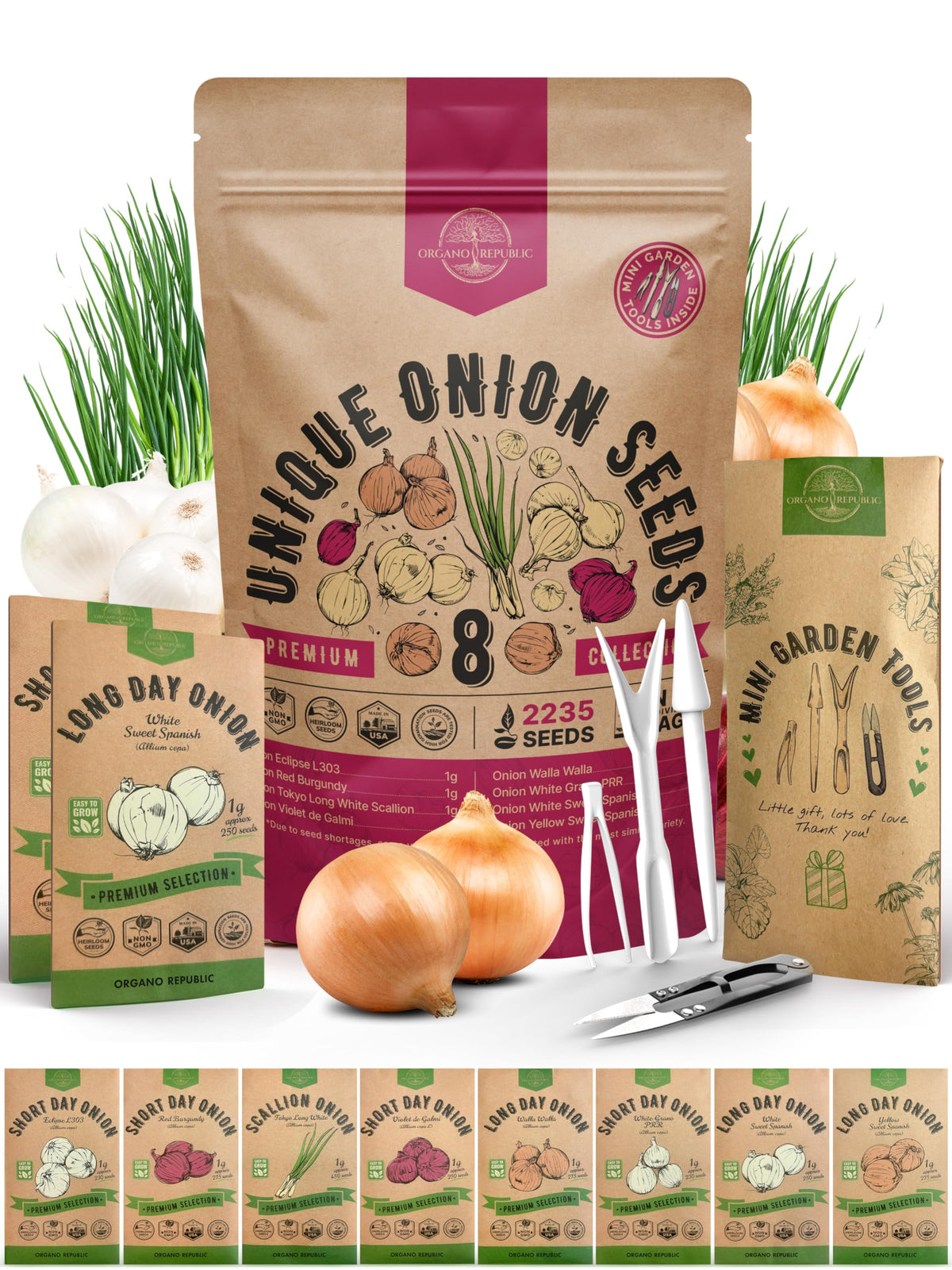 Organo Republic 8 Onion Seeds Variety Pack packaging highlights ready-to-plant heirloom varieties.