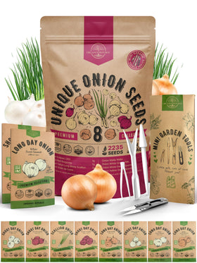 Organo Republic 8 Onion Seeds Variety Pack packaging highlights ready-to-plant heirloom varieties.