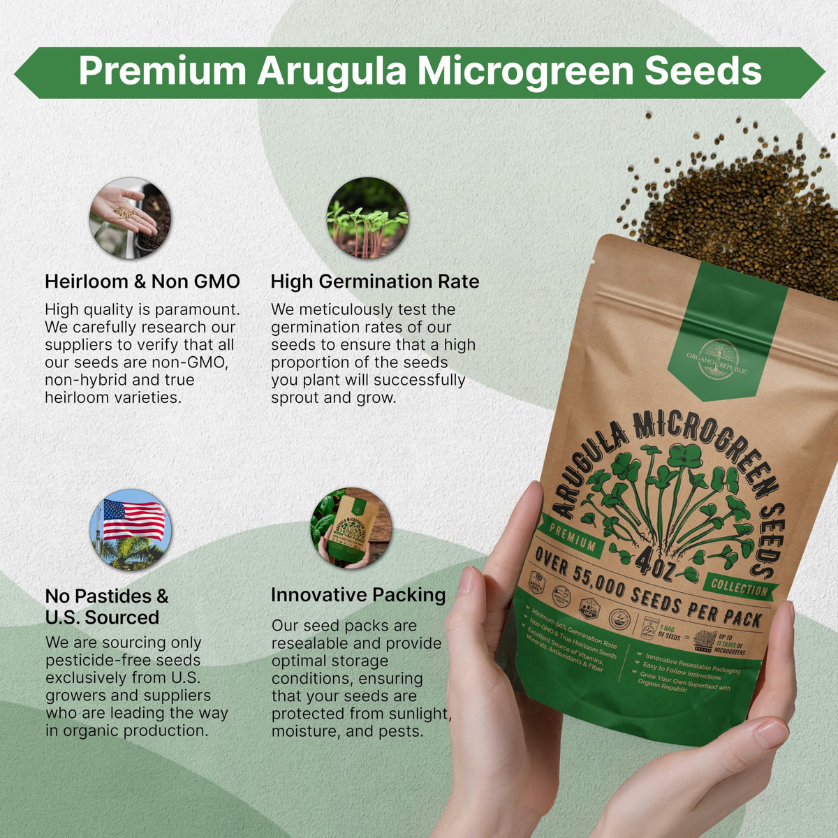 Organo Republic arugula microgreens on a plate ready to elevate salads.