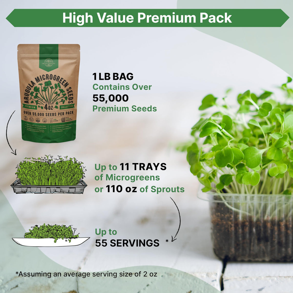 Organo Republic arugula seed packet with QR guide for simple growing instructions.