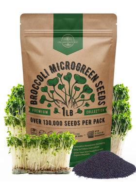 Organo Republic broccoli sprouting seeds in a 1lb resealable bag for easy storage and planting.