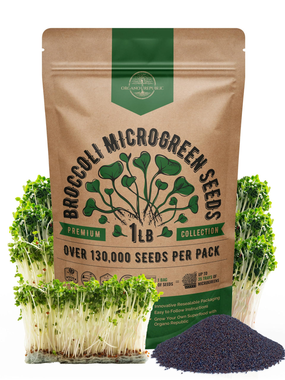 Organo Republic broccoli sprouting seeds in a 1lb resealable bag for easy storage and planting.
