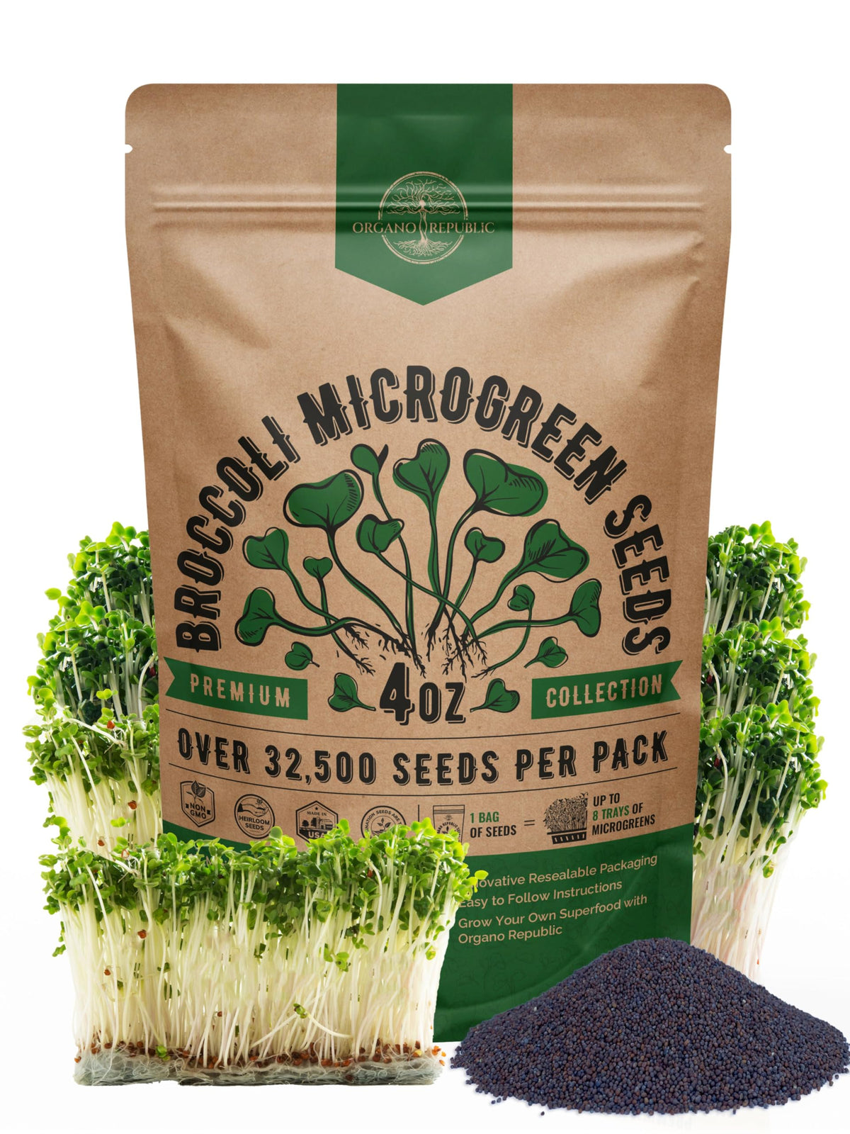 Organo Republic broccoli sprouting seeds in a bulk bag for easy planting
