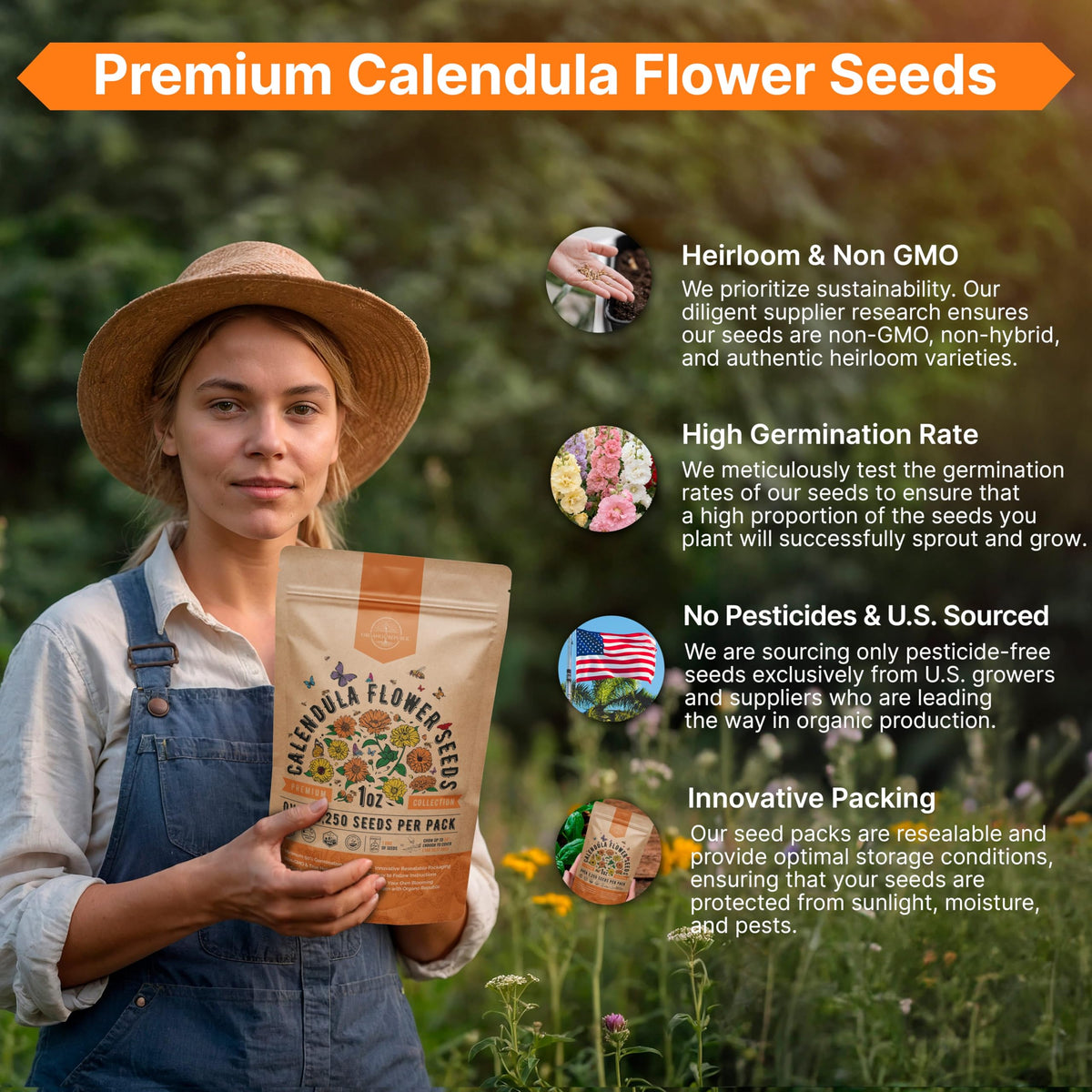 Sealed packaging preserves freshness for up to two years in Organo Republic calendula seeds.