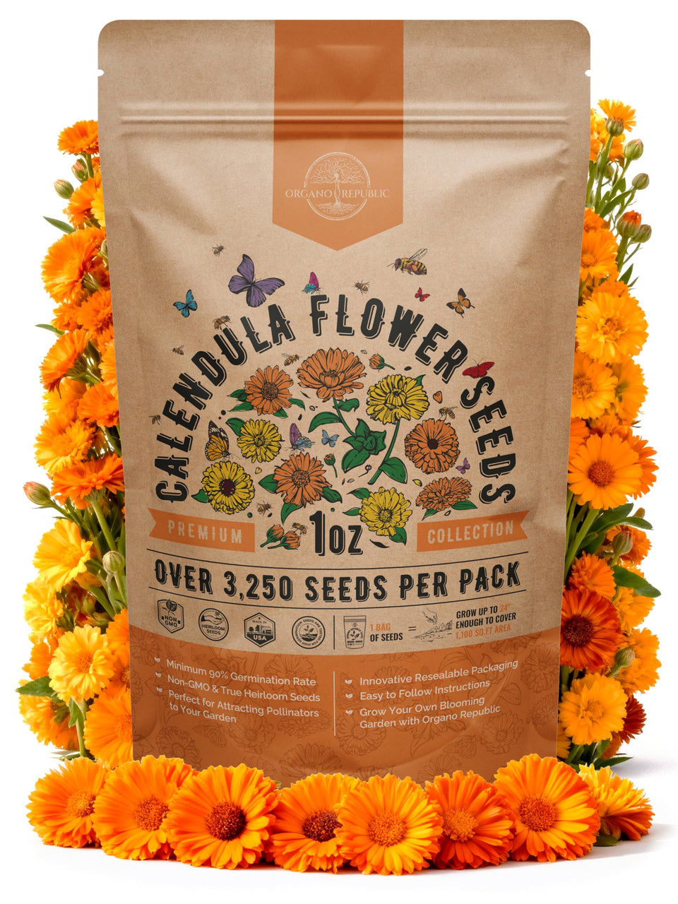 Organo Republic calendula seeds pack 1oz for easy home planting and vibrant beds.