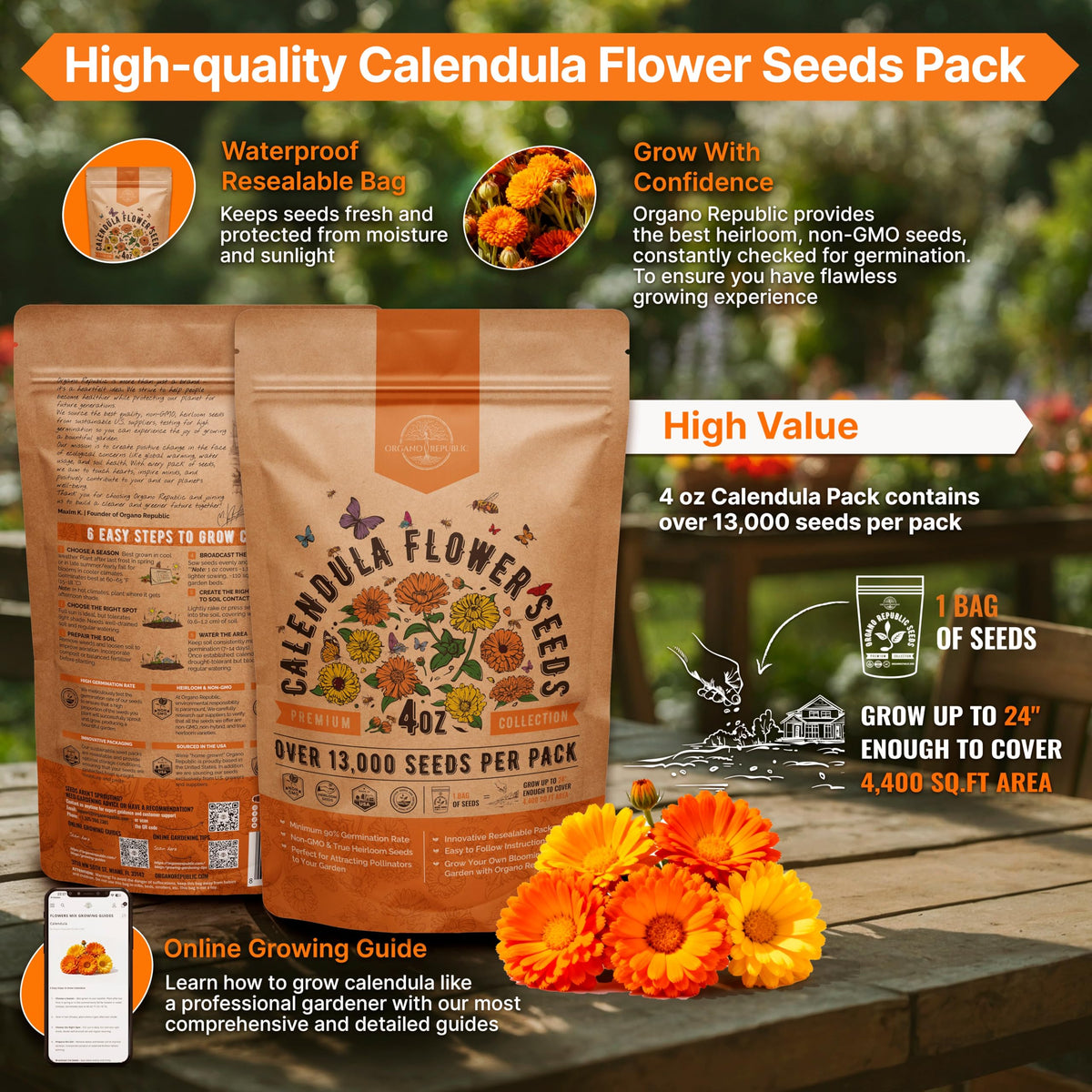 QR guide on the packet provides beginner-friendly calendula growing tips.