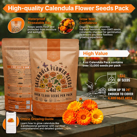 QR guide on the packet provides beginner-friendly calendula growing tips.