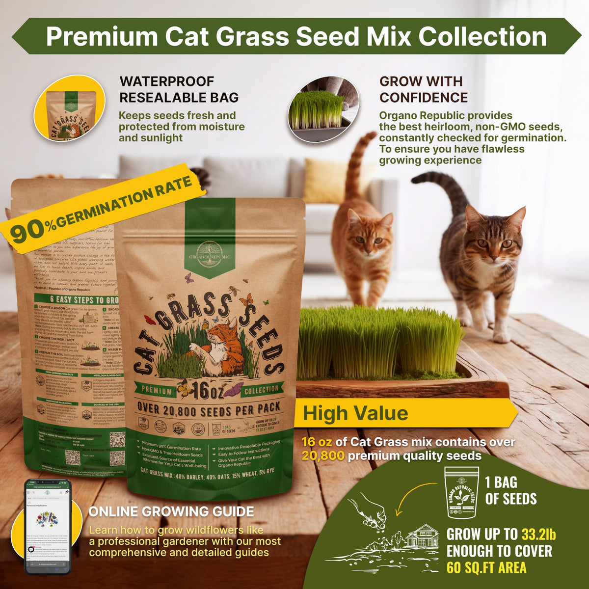 Organo Republic Cat Grass Seeds Mix seed bag sealed for freshness and long shelf life
