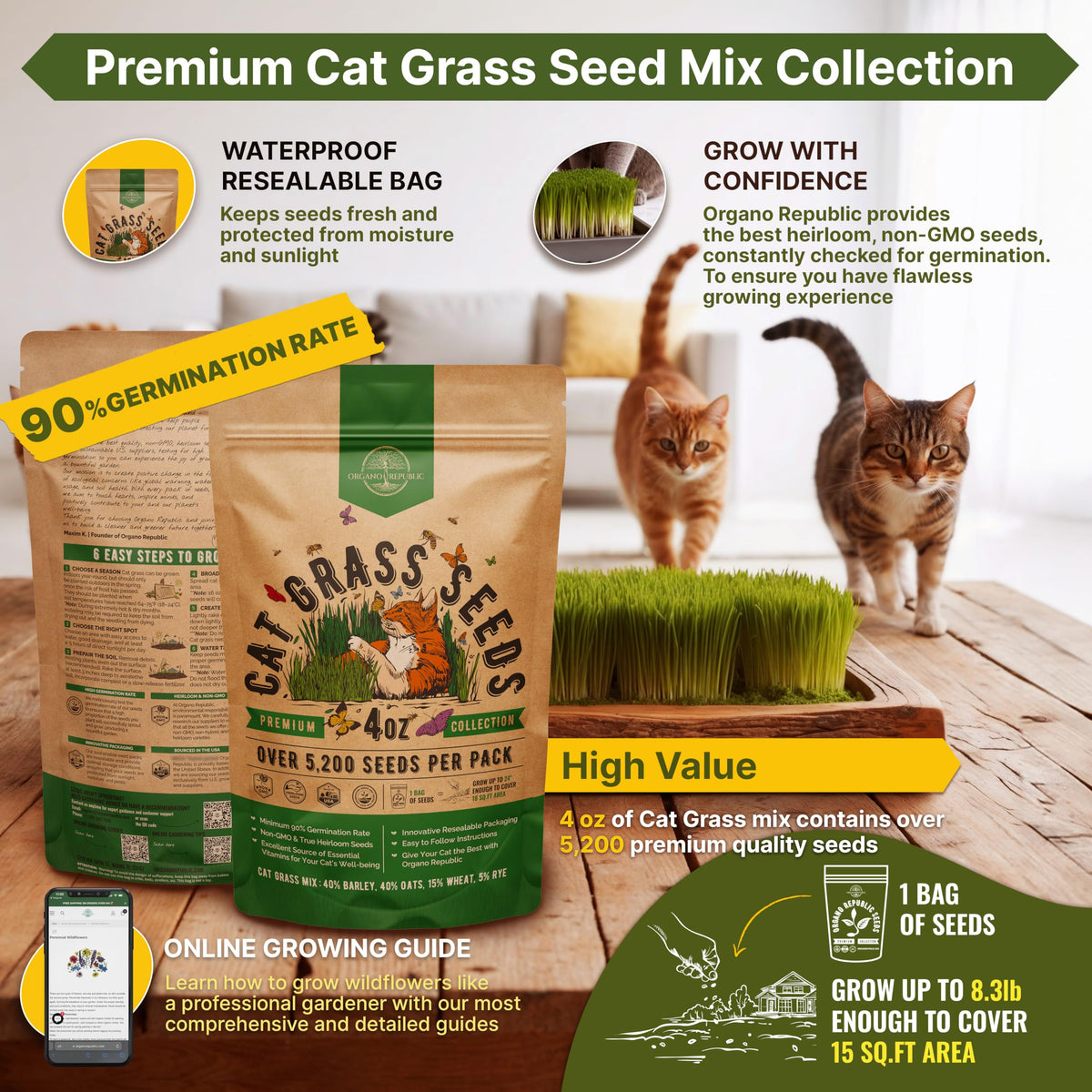 Organo Republic cat grass seeds waterproof bag protects freshness during storage.