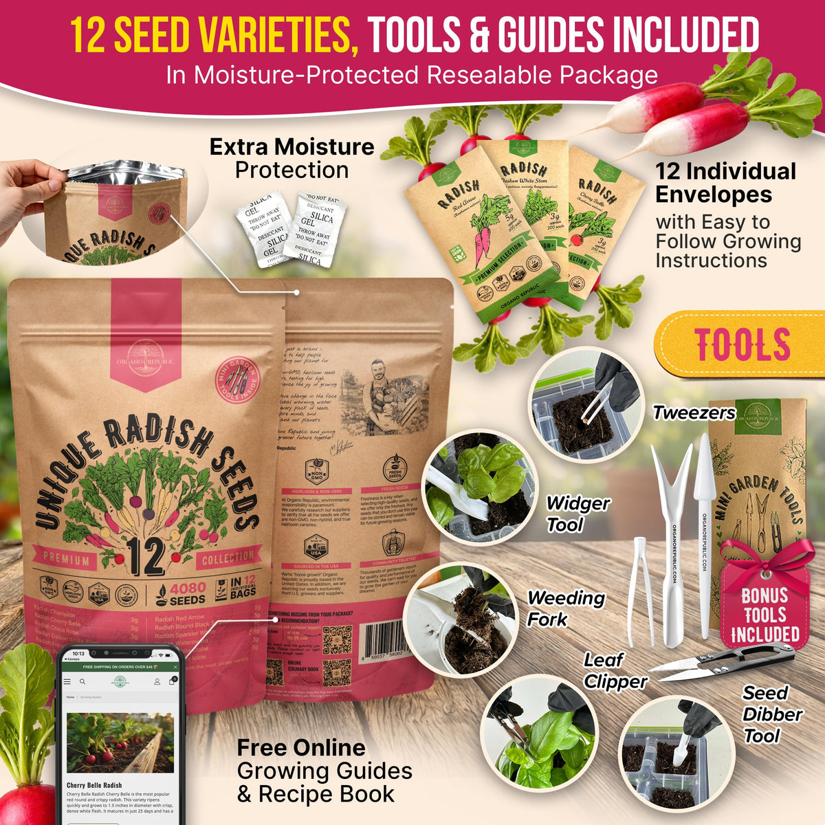 Organo Republic Cherry Belle radish seeds for quick indoor or outdoor harvests.
