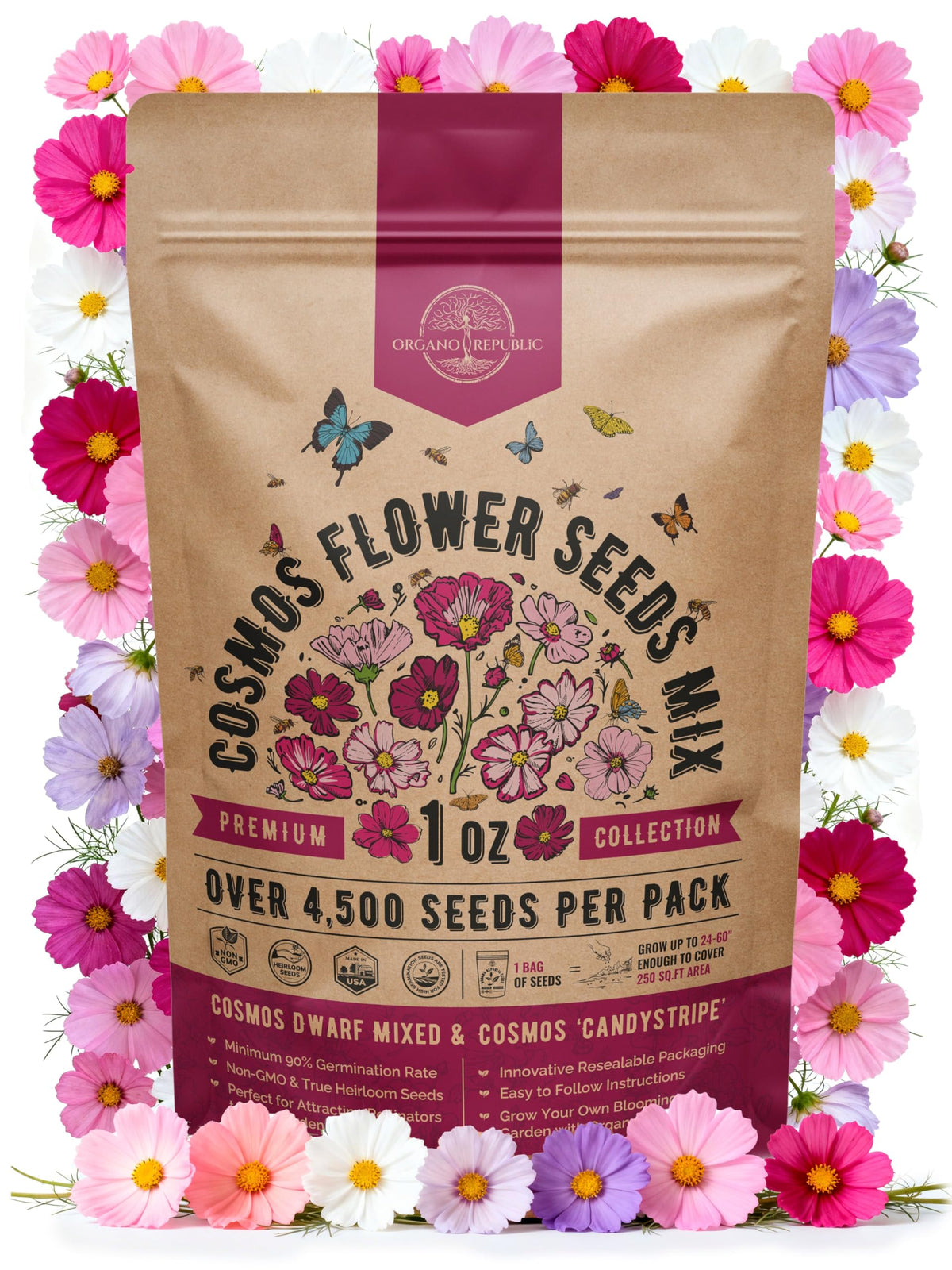 Organo Republic cosmos seeds pack 1oz for indoor and outdoor planting.