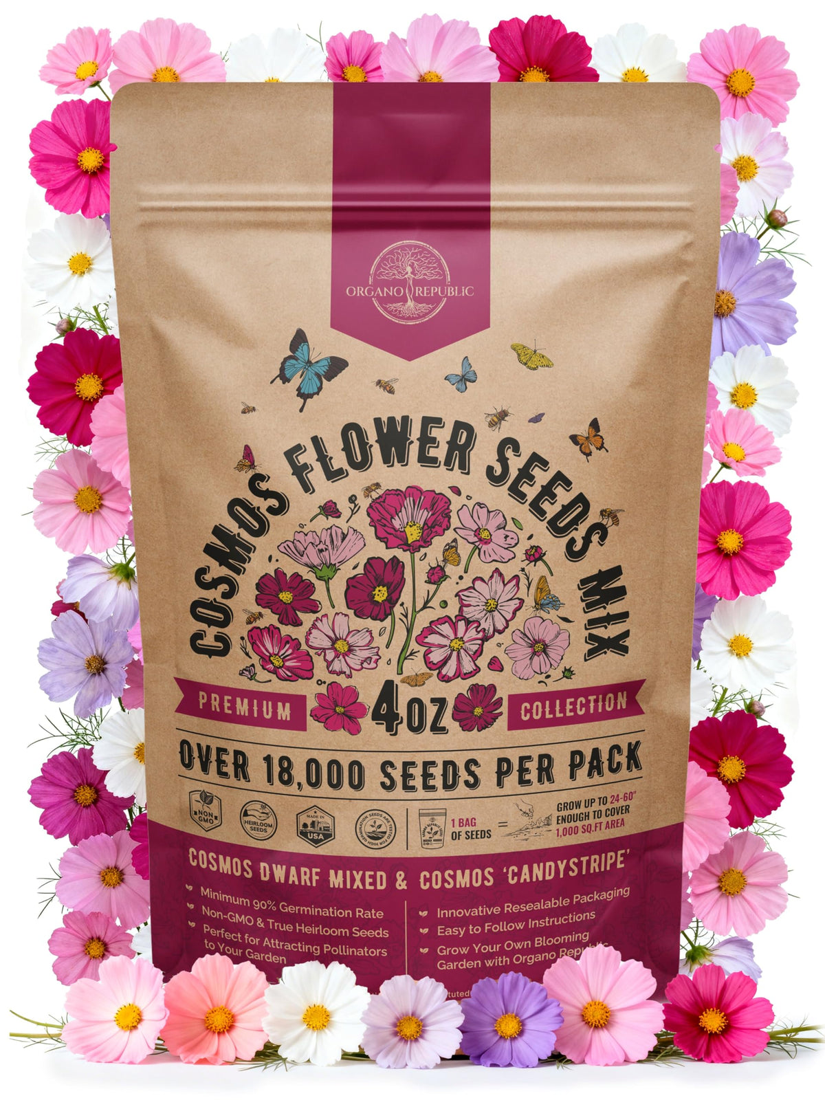 Organo Republic Cosmos seeds pack front showing product branding and package design