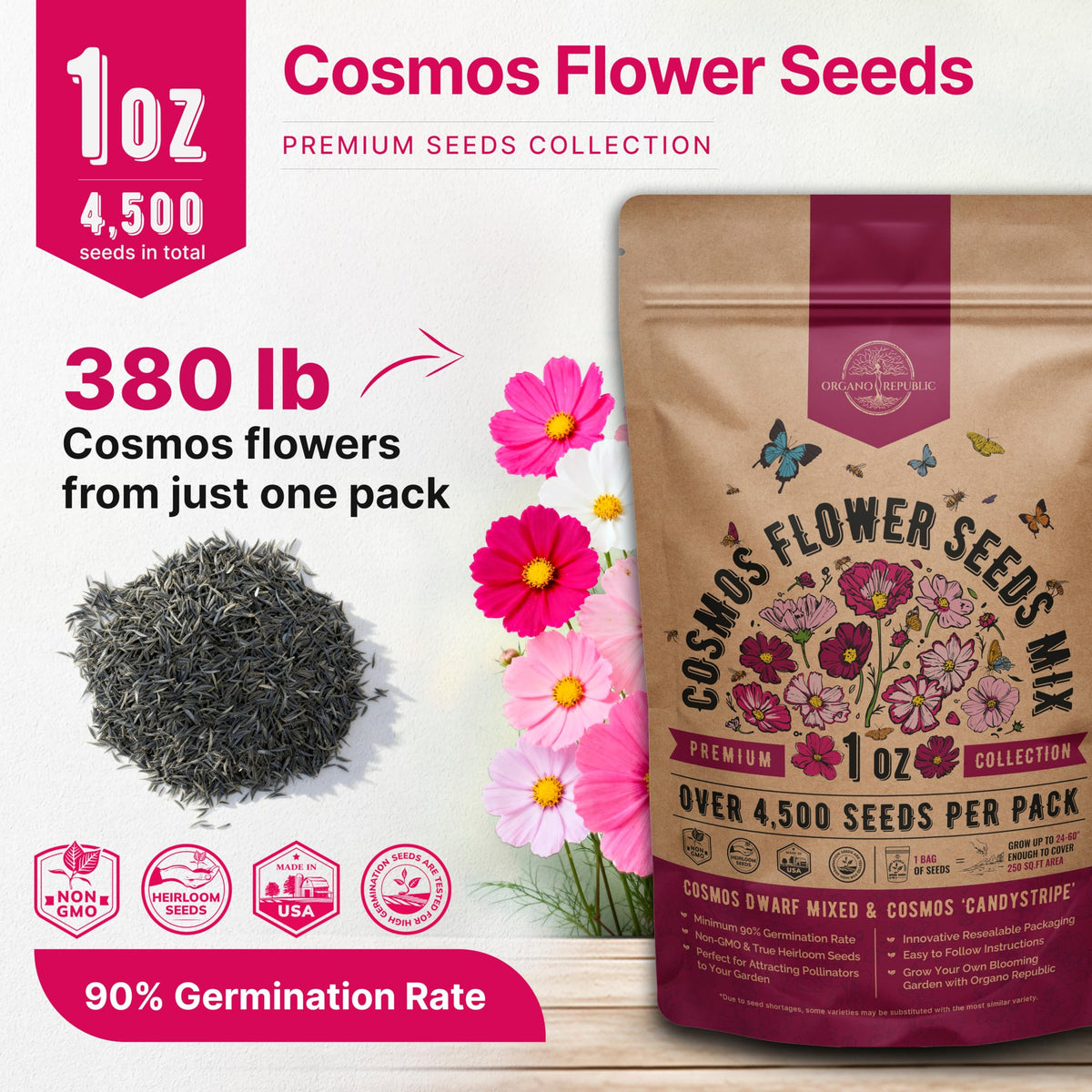 Organo Republic cosmos seeds QR guide links to online growing tips.