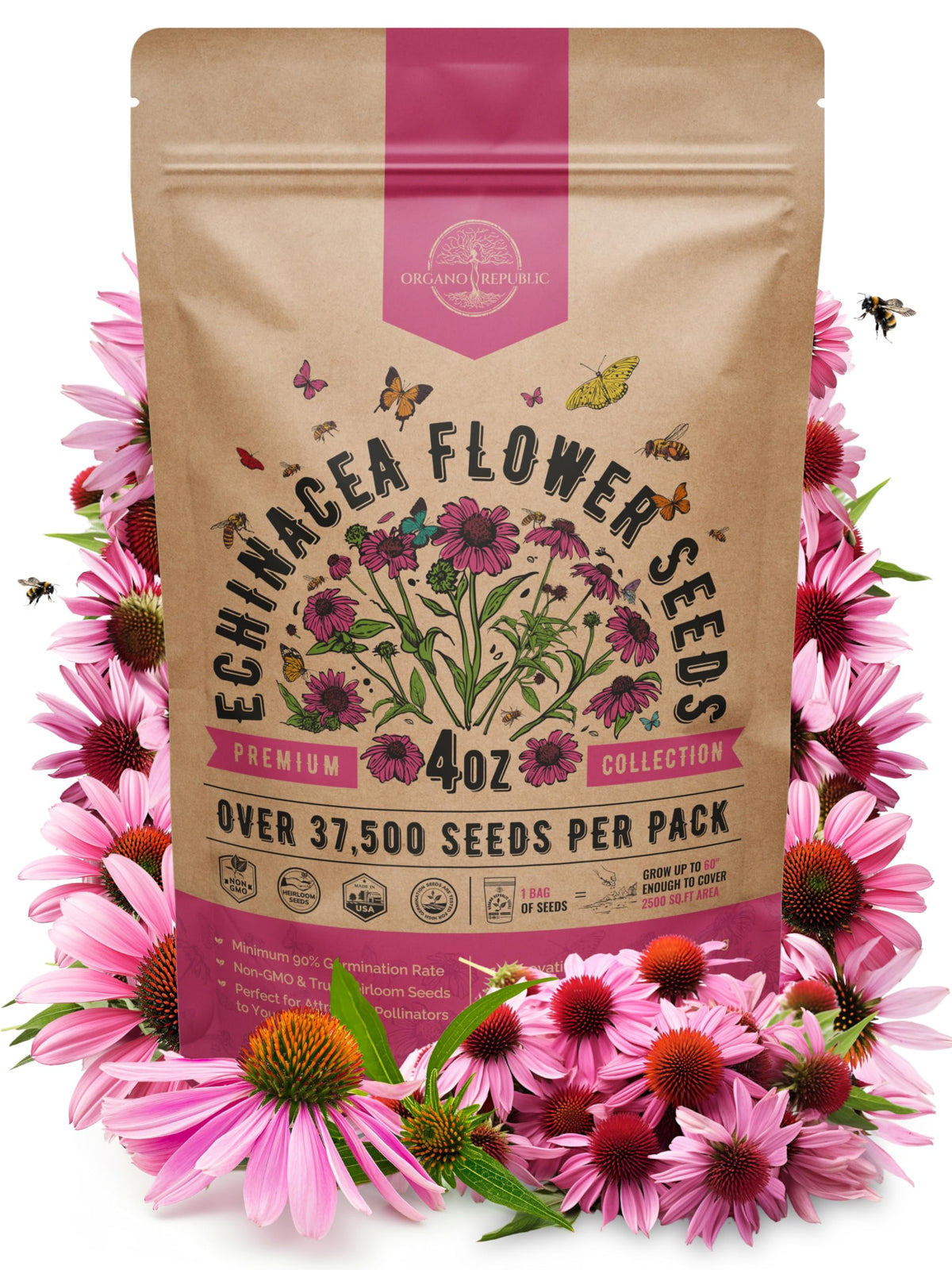 Organo Republic echinacea seeds pack 4oz ready for planting in gardens
