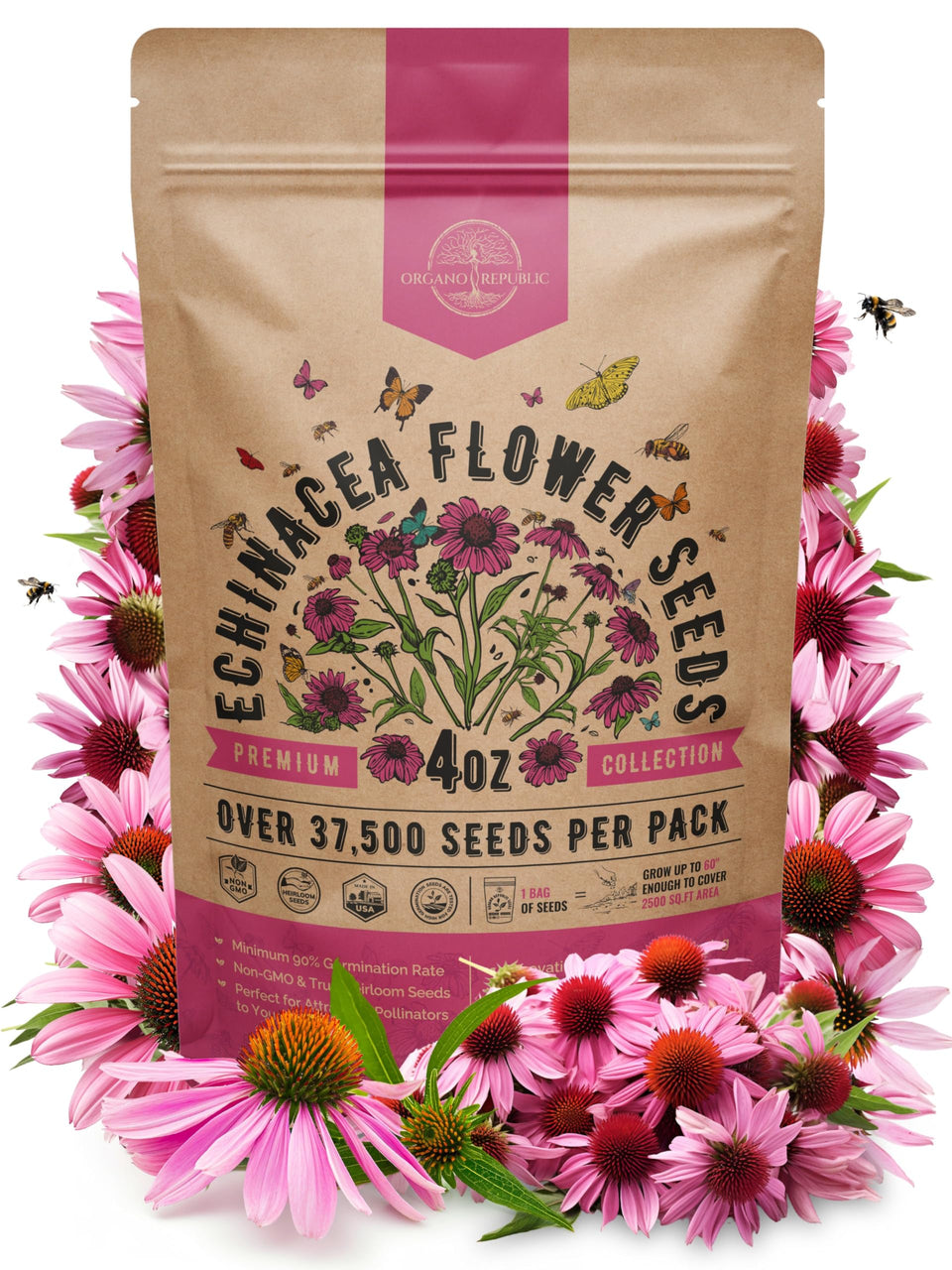 Organo Republic echinacea seeds pack 4oz ready for planting in gardens