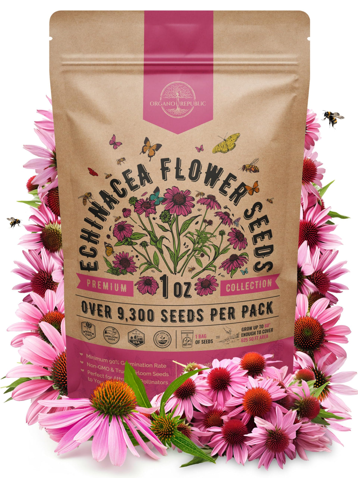 Organo Republic Echinacea seeds pack front view for home gardens, non-GMO heirloom, perennial appeal.
