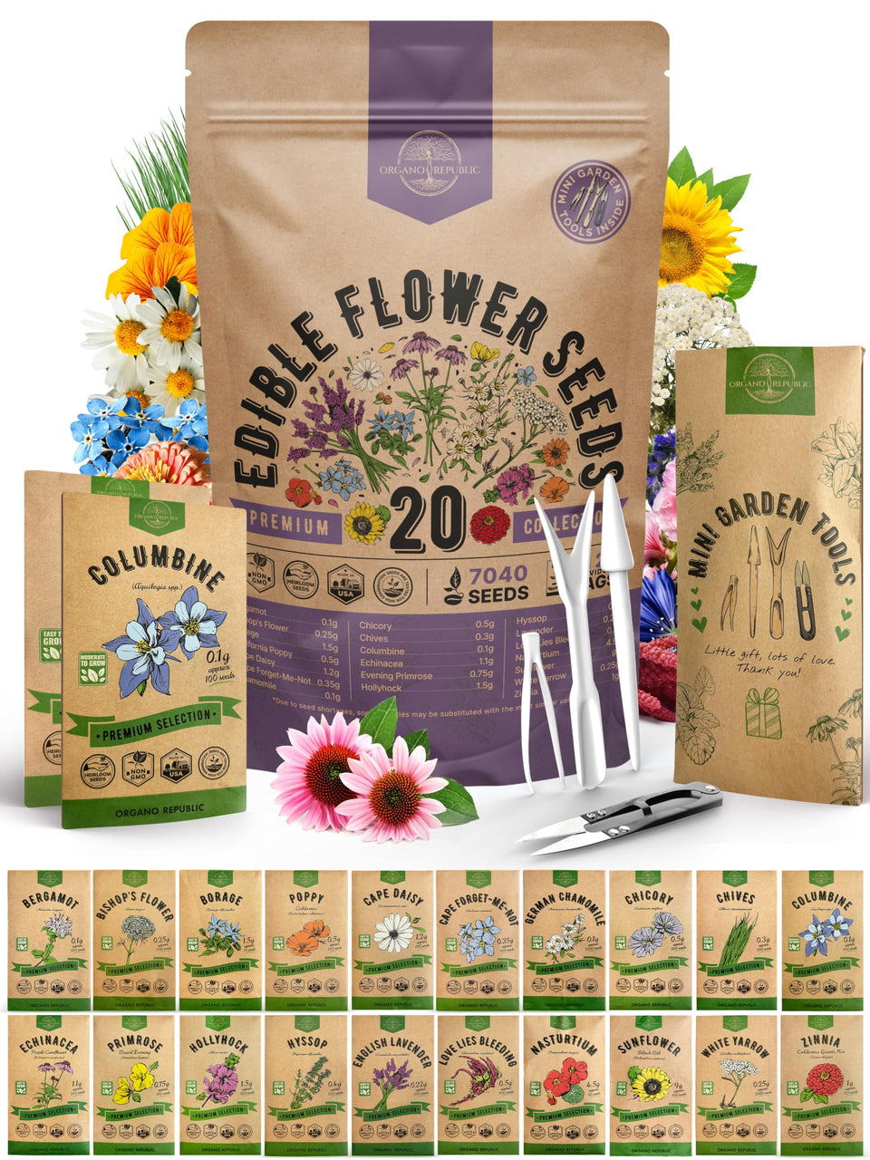 Organo Republic edible flower seeds pack front view with resealable packaging for easy storage.