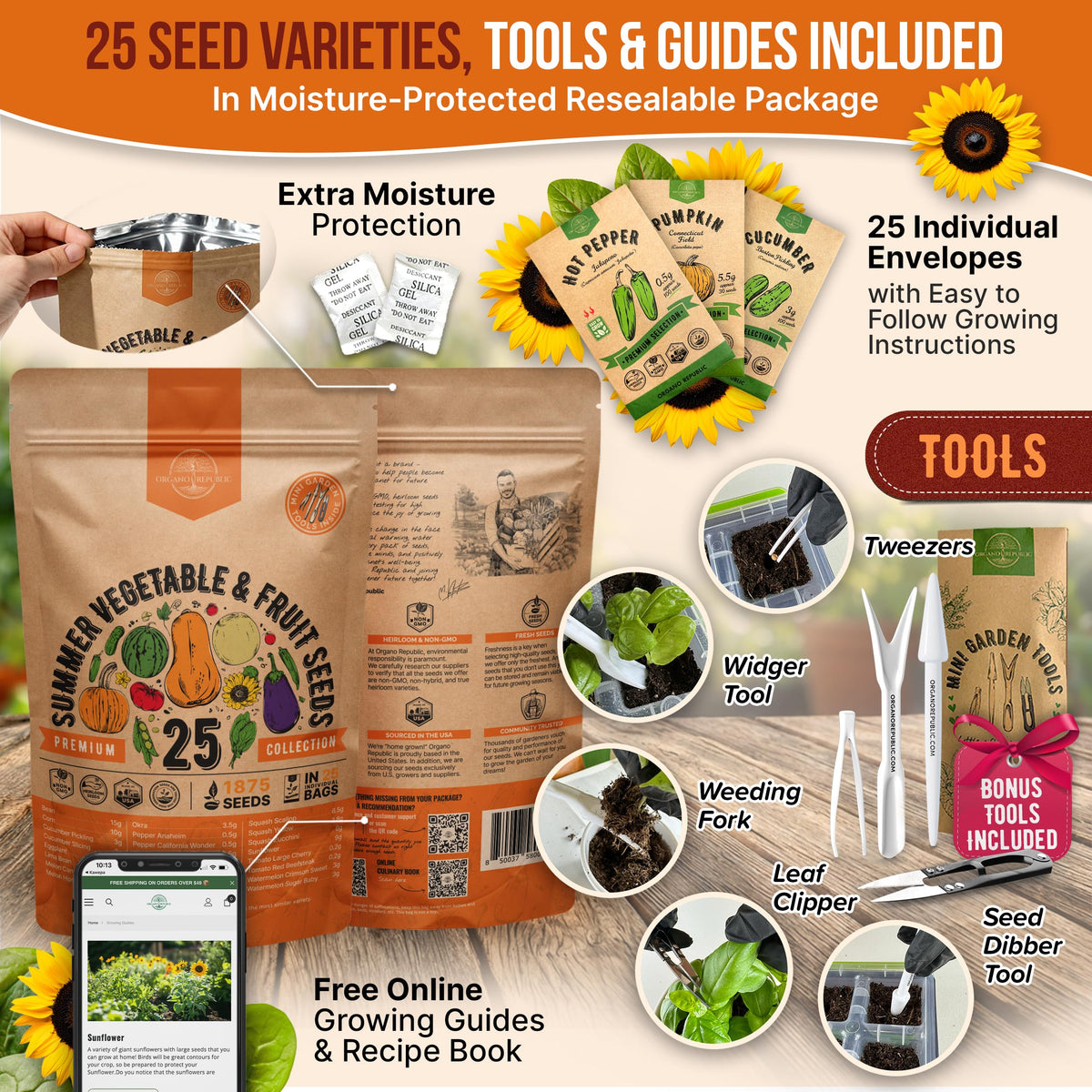 Organo Republic gardener tools included for planting and thinning tasks
