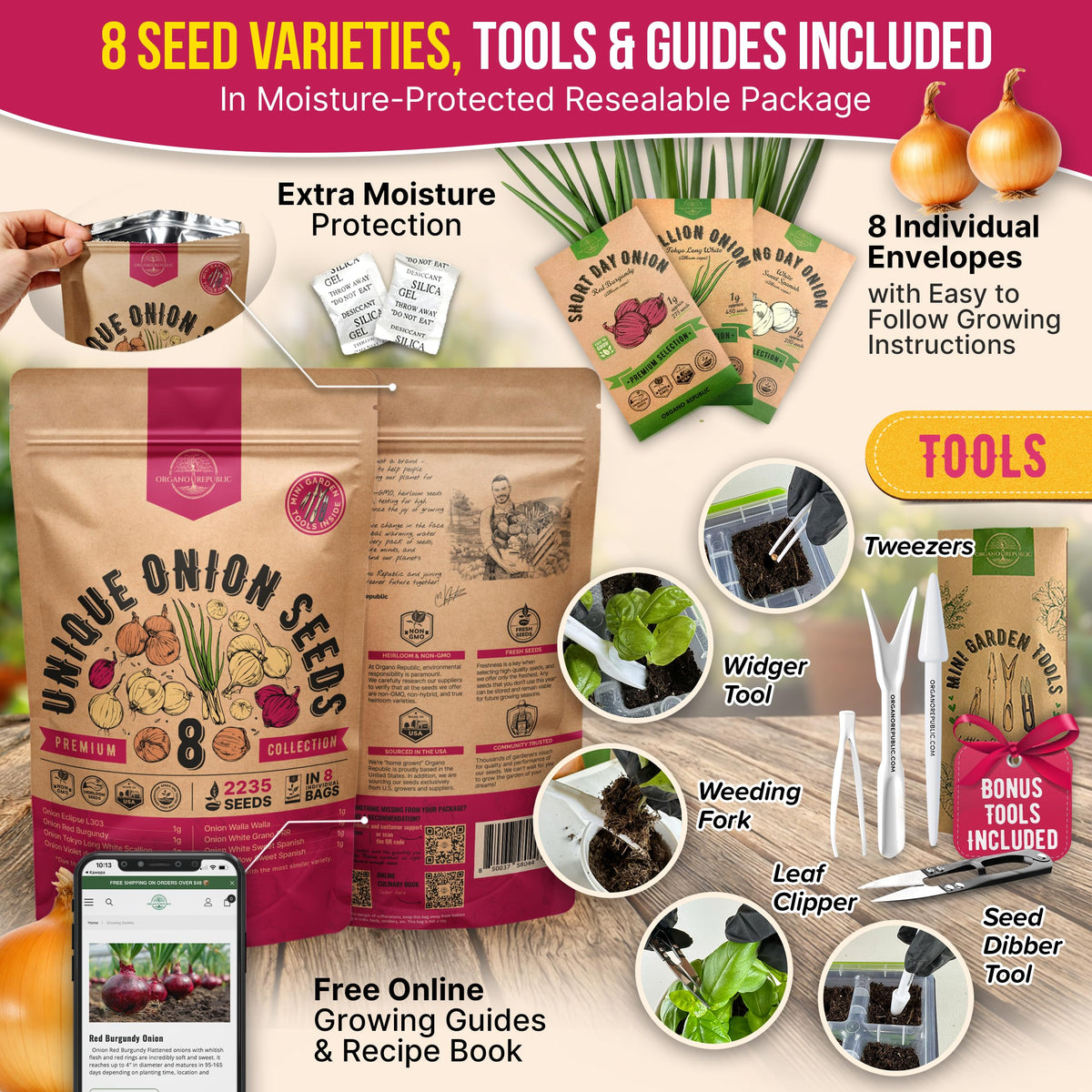 Organo Republic gardening kit contents include tools for easy seed starting.