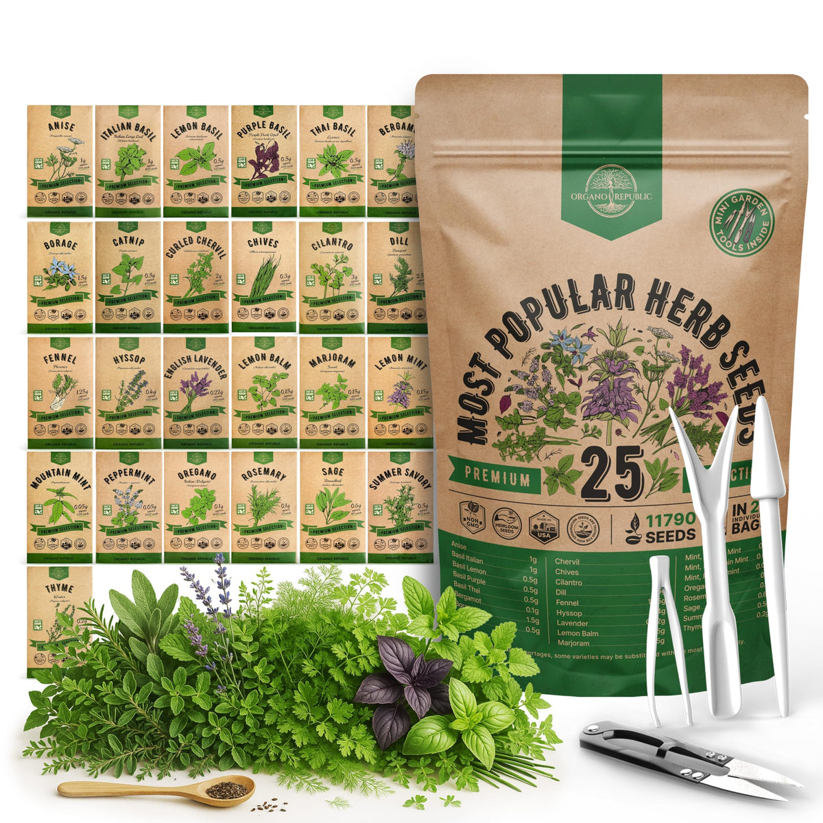 Organo Republic herb seeds variety pack cover with 25 herbs for year-round harvests.