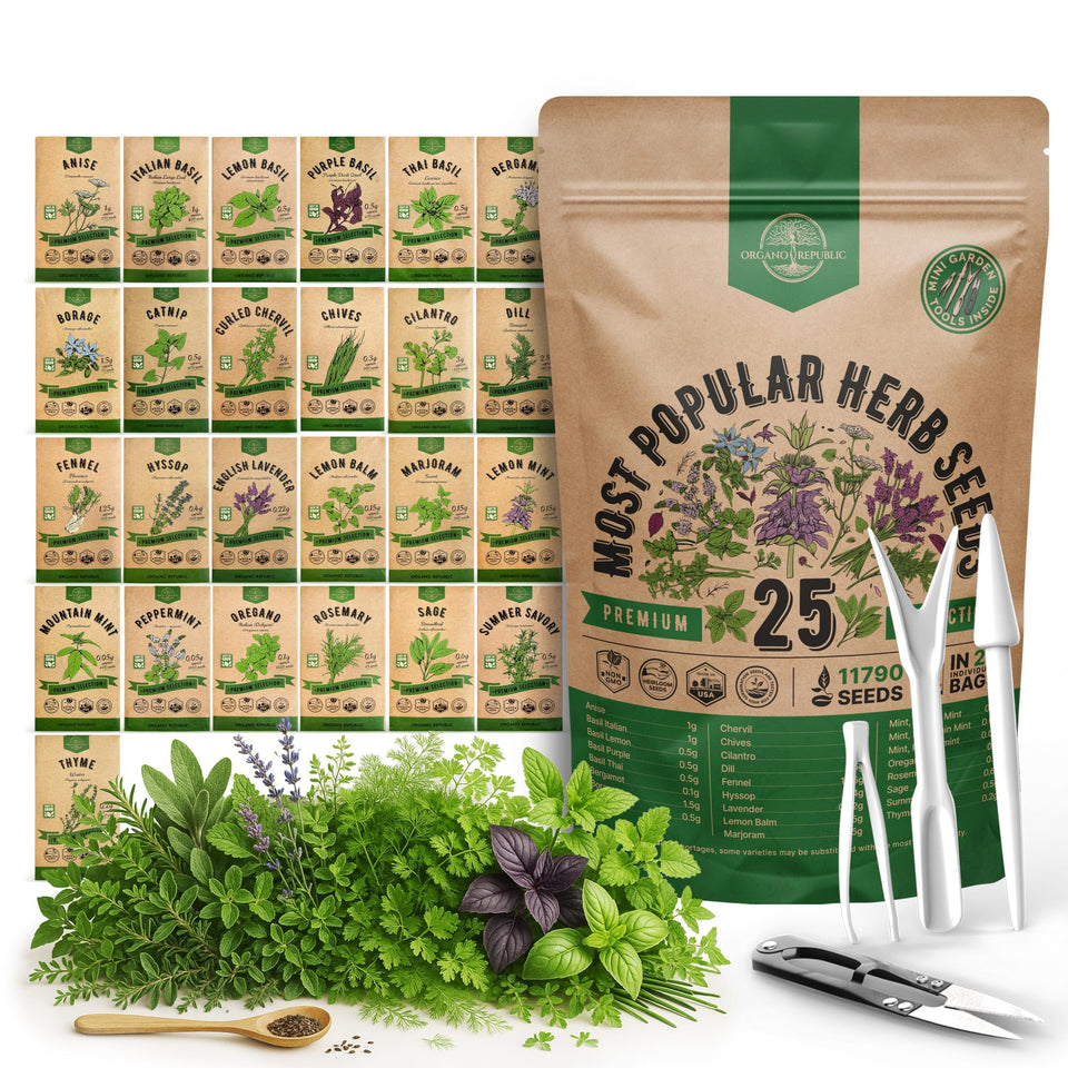 Organo Republic herb seeds variety pack cover with 25 herbs for year-round harvests.