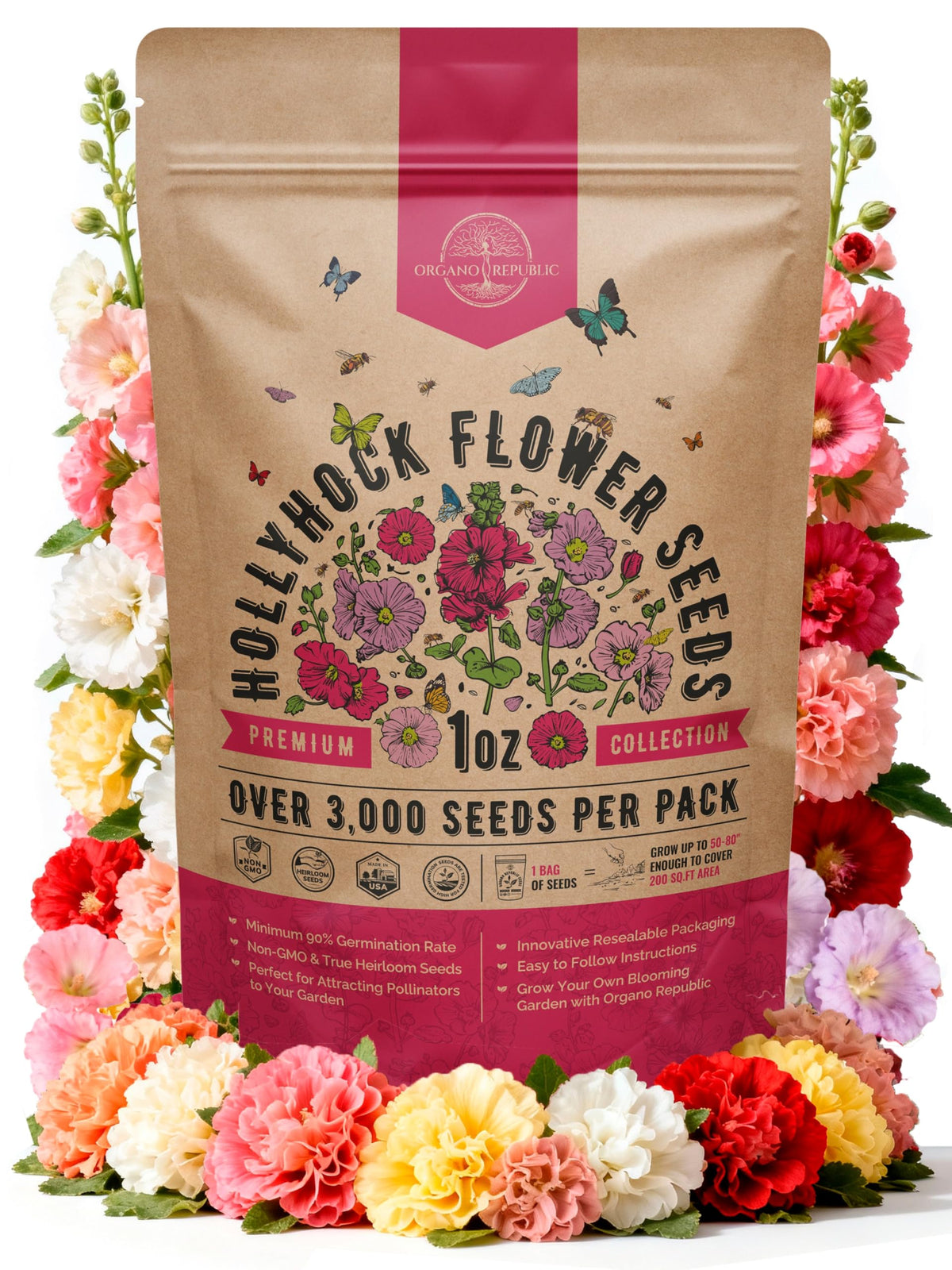 Organo Republic hollyhock seeds packet 1oz ready for outdoor planting and vibrant borders.