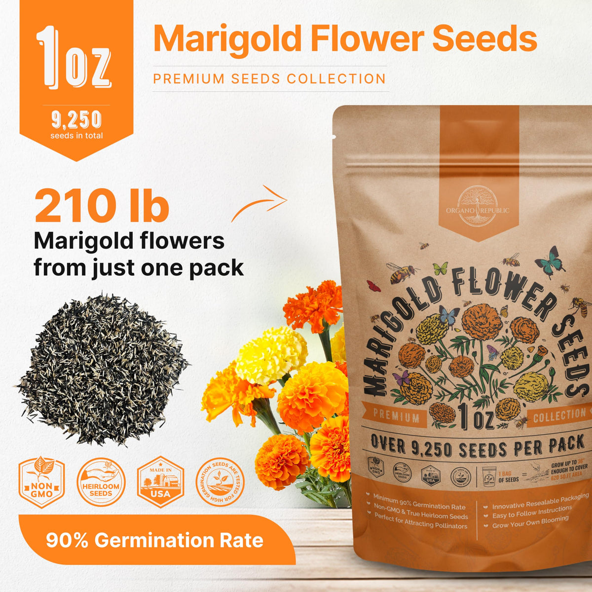 Organo Republic marigold seeds pack shows high germination rate potential