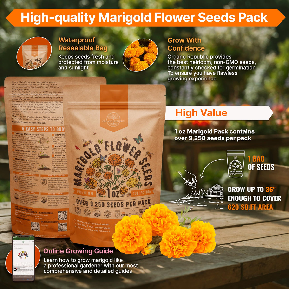 Organo Republic marigold seeds pack resealable bag protects viability