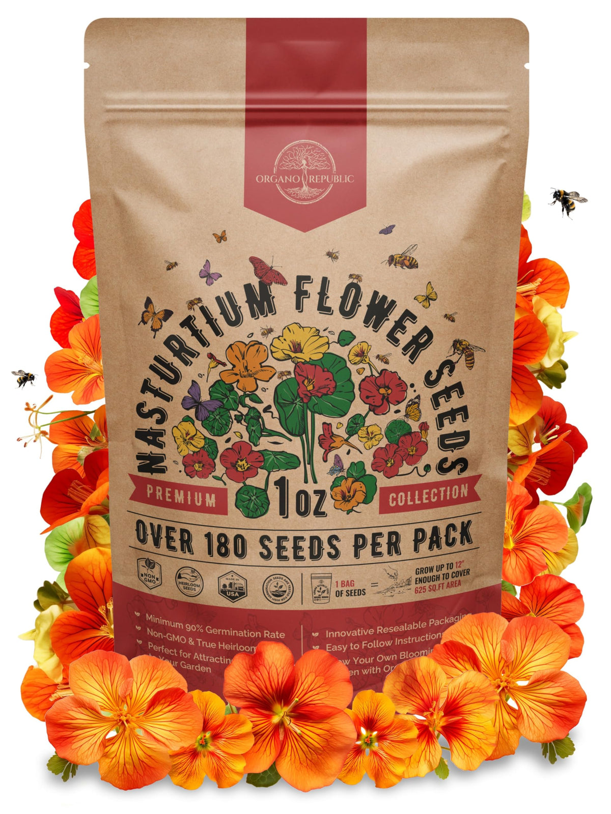 Organo Republic nasturtium seeds pack 1oz in packaging for easy storage and quick planting