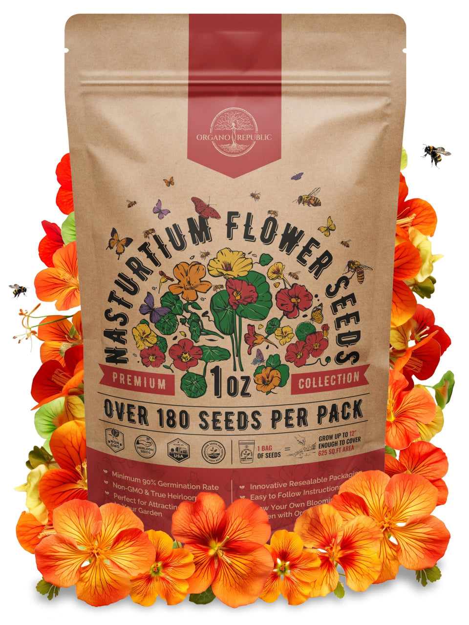 Organo Republic nasturtium seeds pack 1oz in packaging for easy storage and quick planting