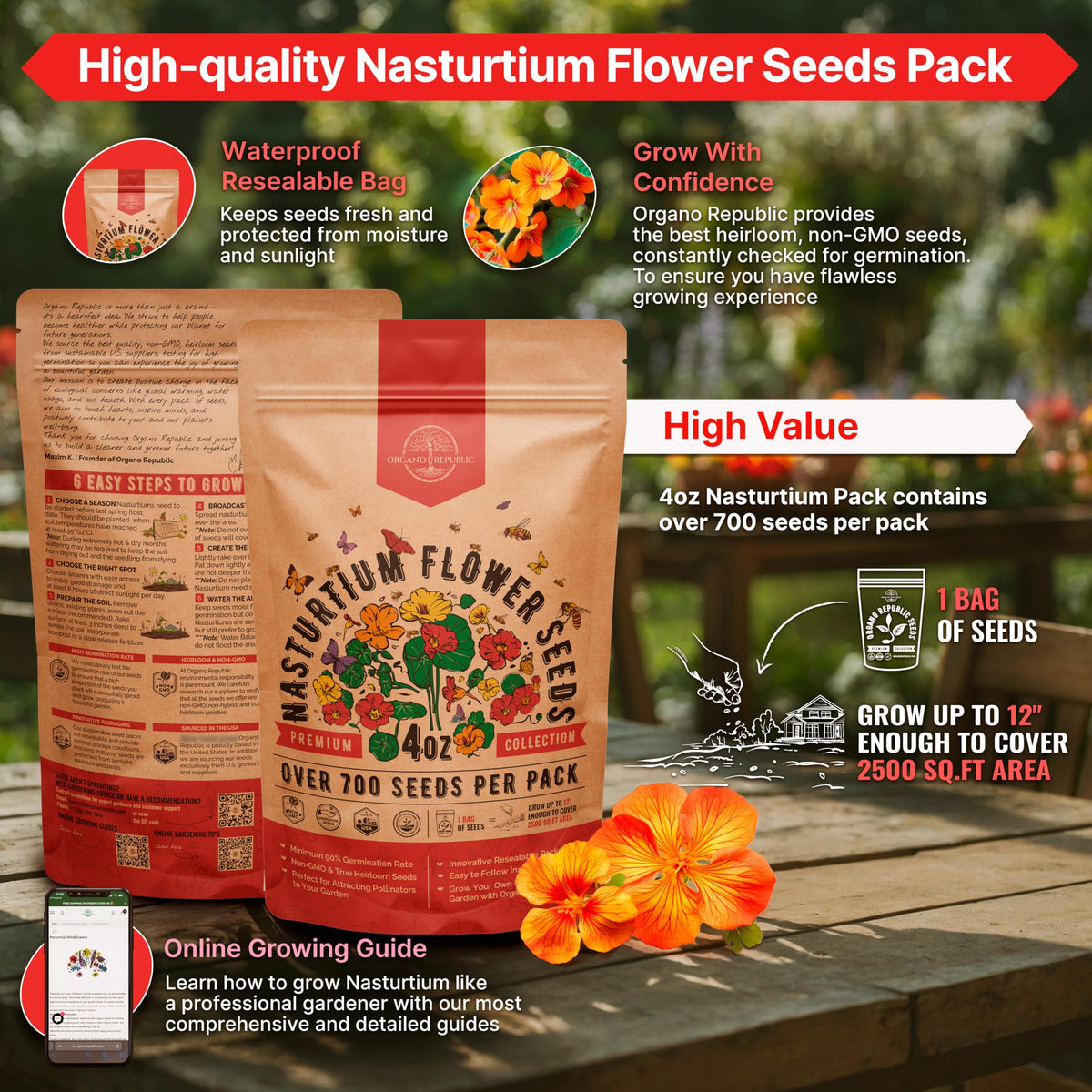 Organo Republic Nasturtium seeds pack with QR code linking to growing guide